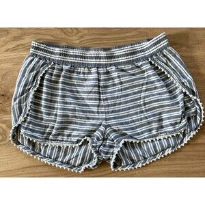 Madewell Oahu Coverup Shorts Stripe White Blue Pompom Trim XS Beach Coastal Chic